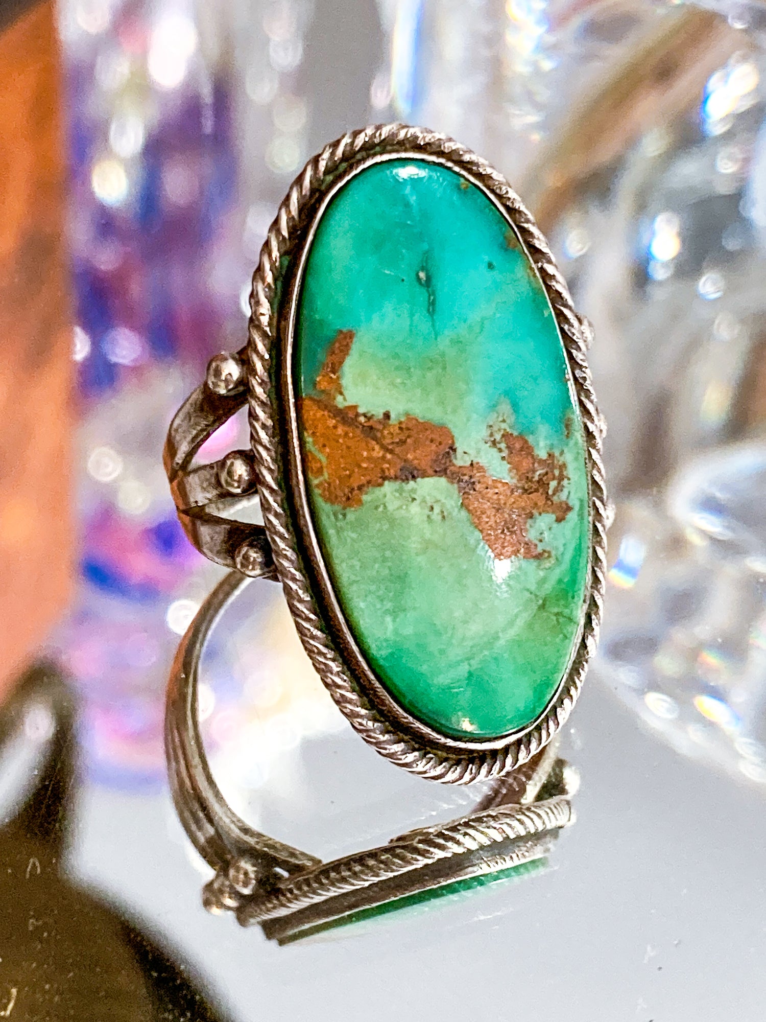 Vintage Sterling Silver Large Oval Turquoise Rope Banded Ring