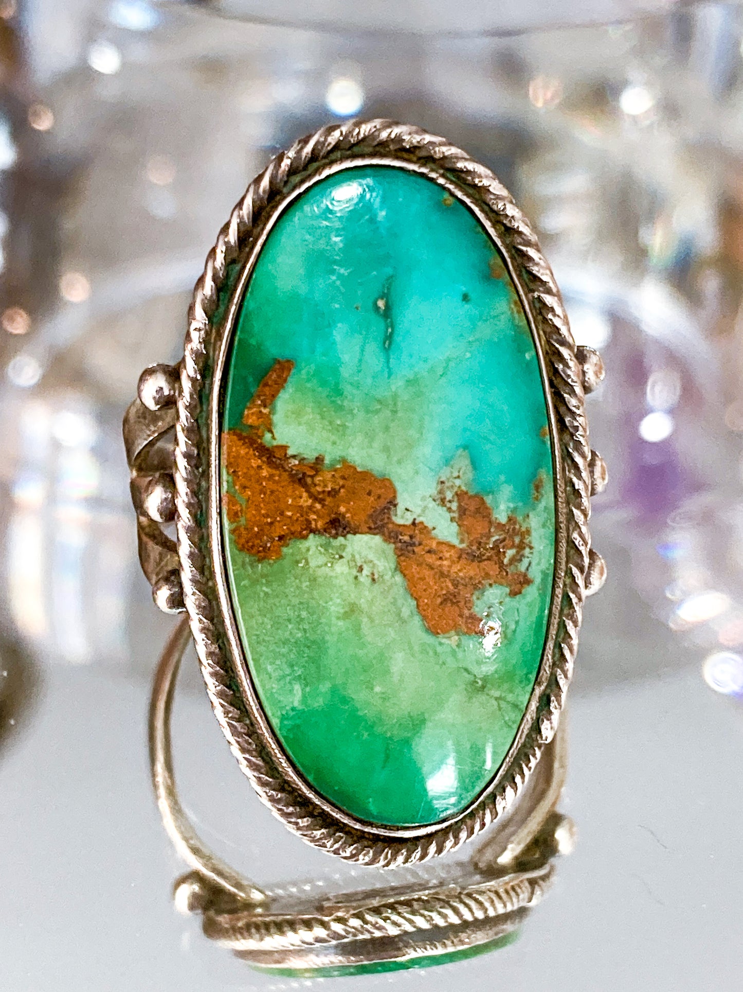 Vintage Sterling Silver Large Oval Turquoise Rope Banded Ring