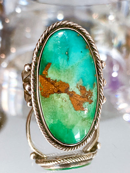 Vintage Sterling Silver Large Oval Turquoise Rope Banded Ring