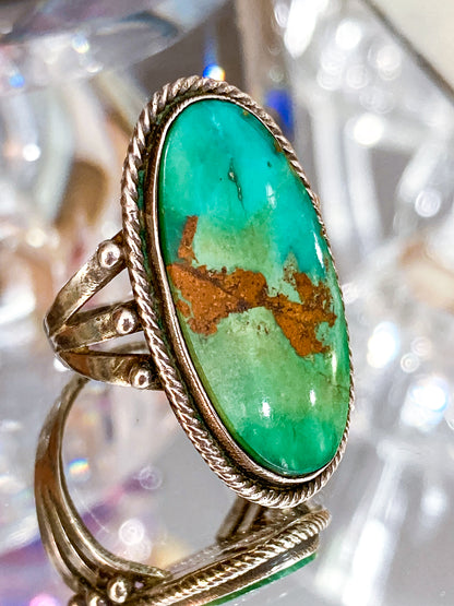 Vintage Sterling Silver Large Oval Turquoise Rope Banded Ring