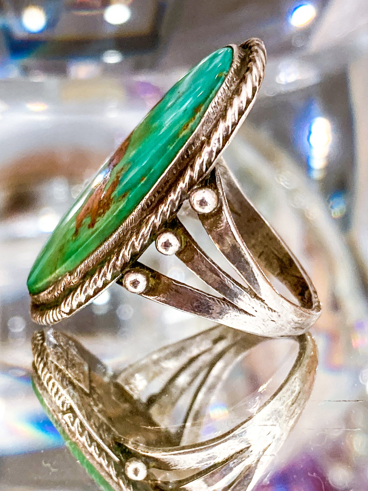 Vintage Sterling Silver Large Oval Turquoise Rope Banded Ring