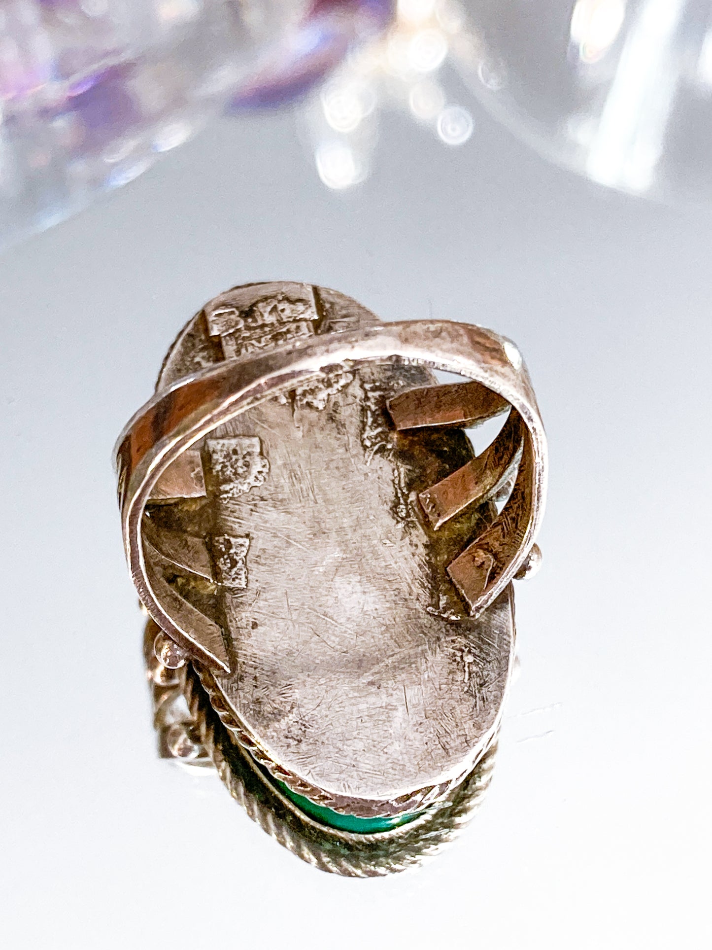 Vintage Sterling Silver Large Oval Turquoise Rope Banded Ring