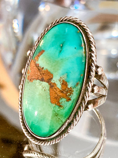 Vintage Sterling Silver Large Oval Turquoise Rope Banded Ring