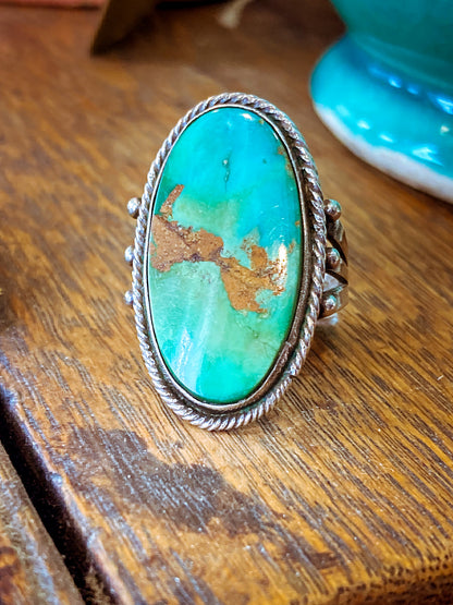 Vintage Sterling Silver Large Oval Turquoise Rope Banded Ring