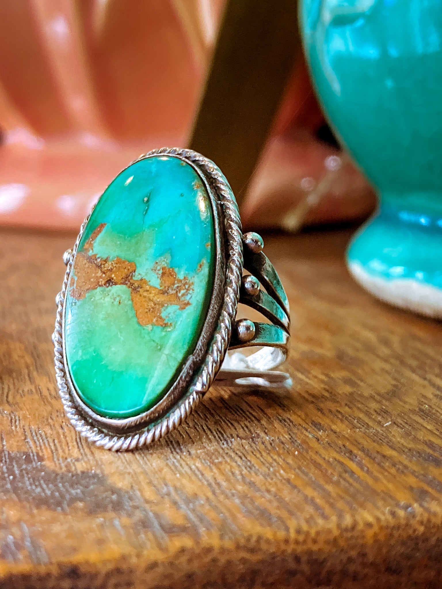 Vintage Sterling Silver Large Oval Turquoise Rope Banded Ring