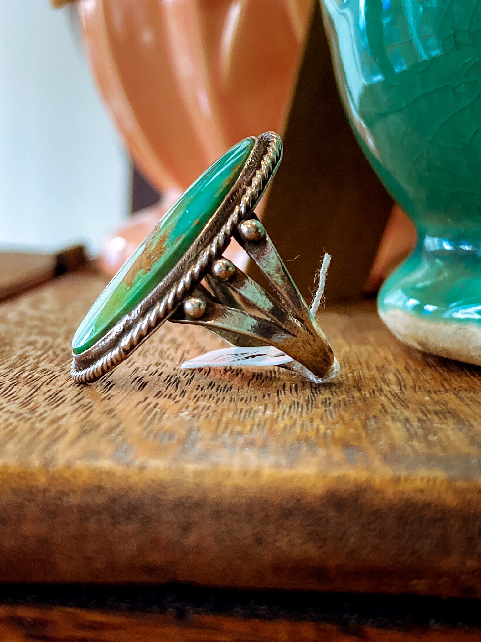 Vintage Sterling Silver Large Oval Turquoise Rope Banded Ring
