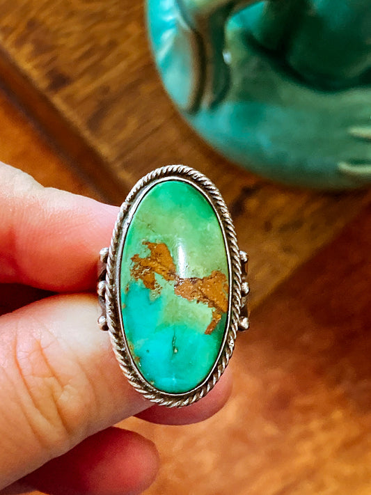 Vintage Sterling Silver Large Oval Turquoise Rope Banded Ring