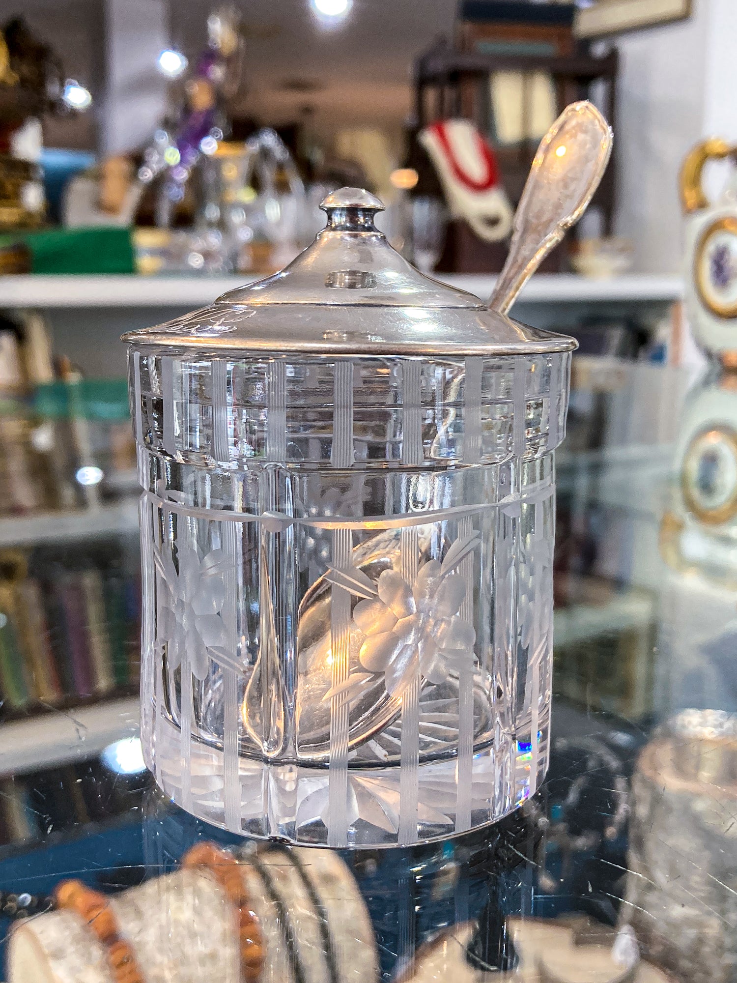 Vintage Sterling Silver Lidded Clear Etched Glass American Mustard Pot Jar