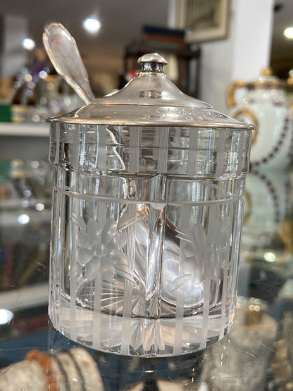 Vintage Sterling Silver Lidded Clear Etched Glass American Mustard Pot Jar