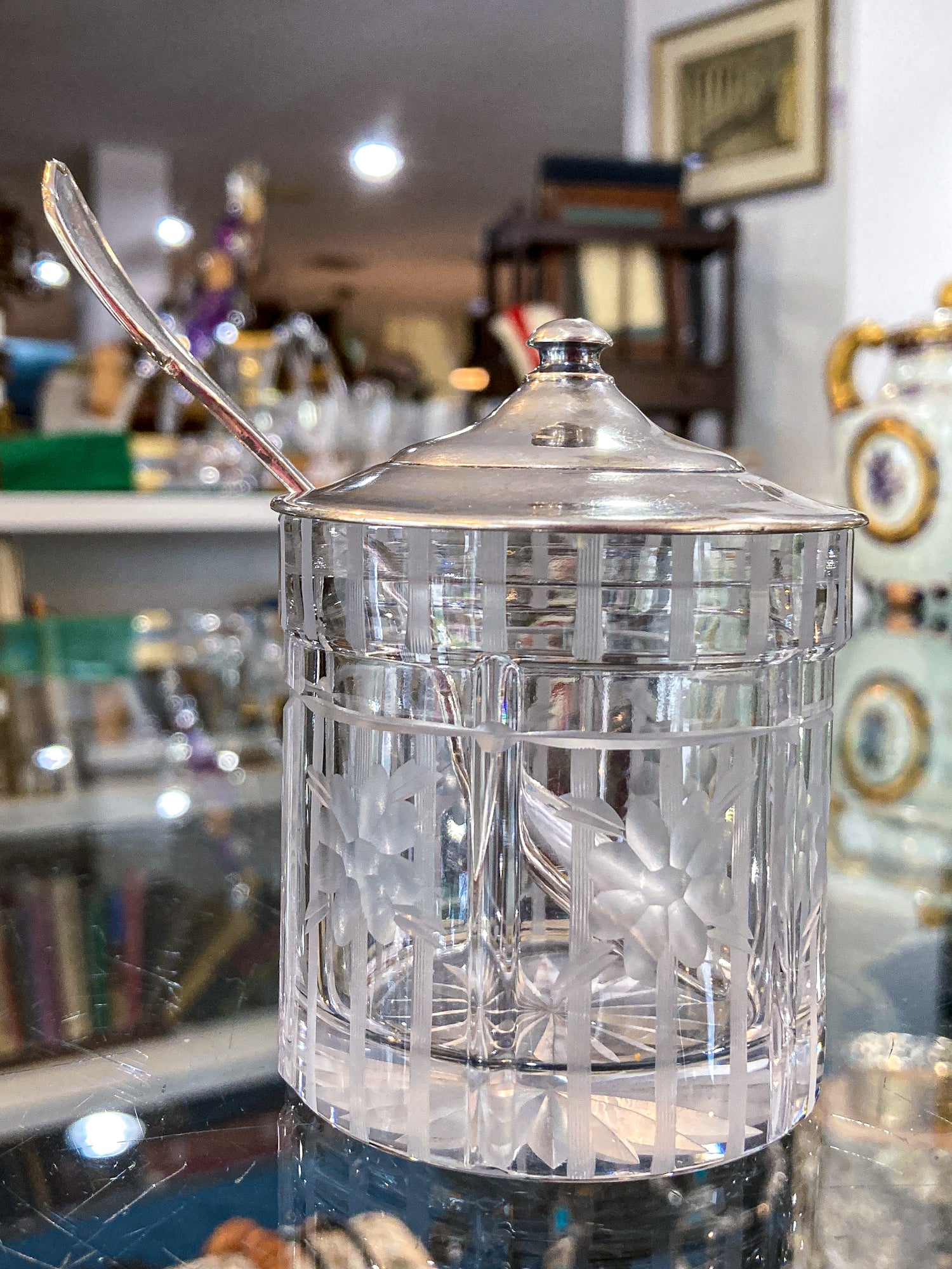 Vintage Sterling Silver Lidded Clear Etched Glass American Mustard Pot Jar