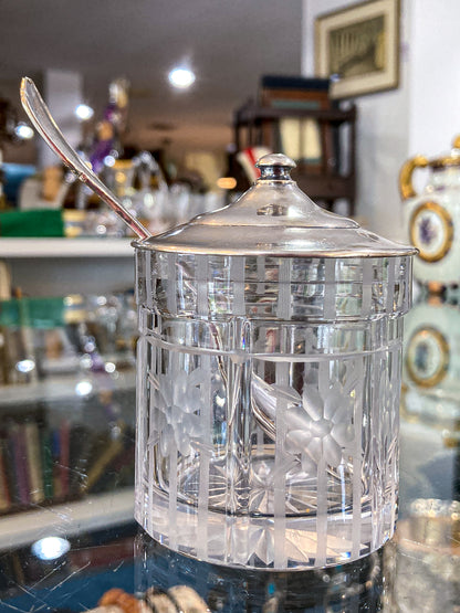 Vintage Sterling Silver Lidded Clear Etched Glass American Mustard Pot Jar
