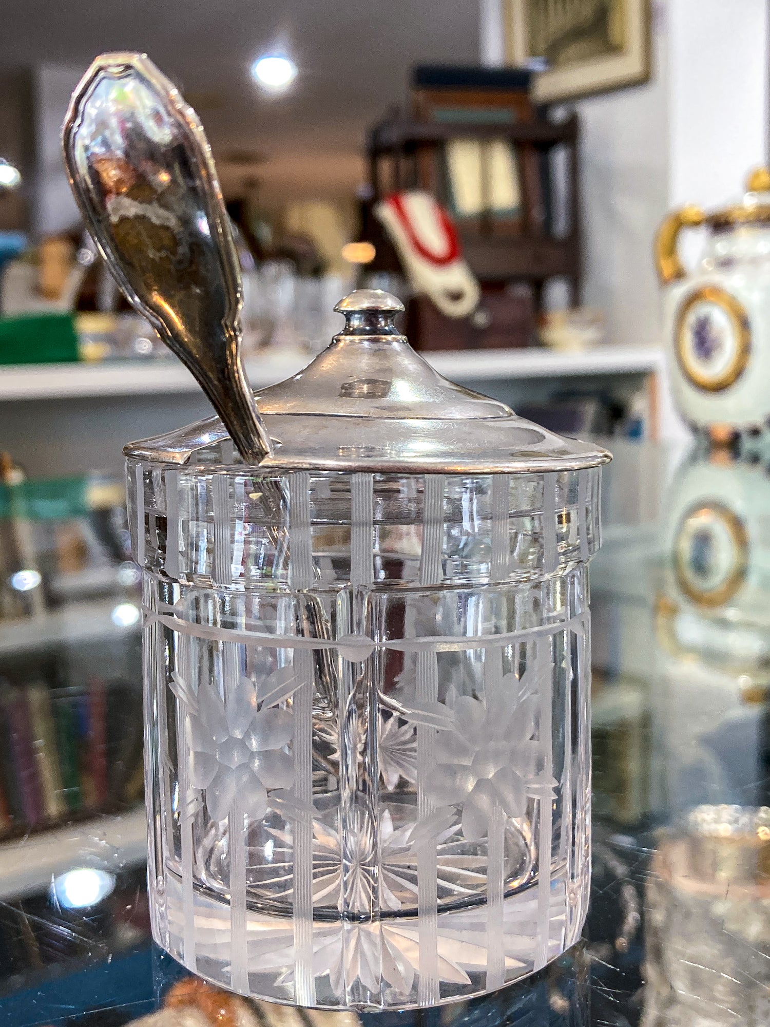 Vintage Sterling Silver Lidded Clear Etched Glass American Mustard Pot Jar