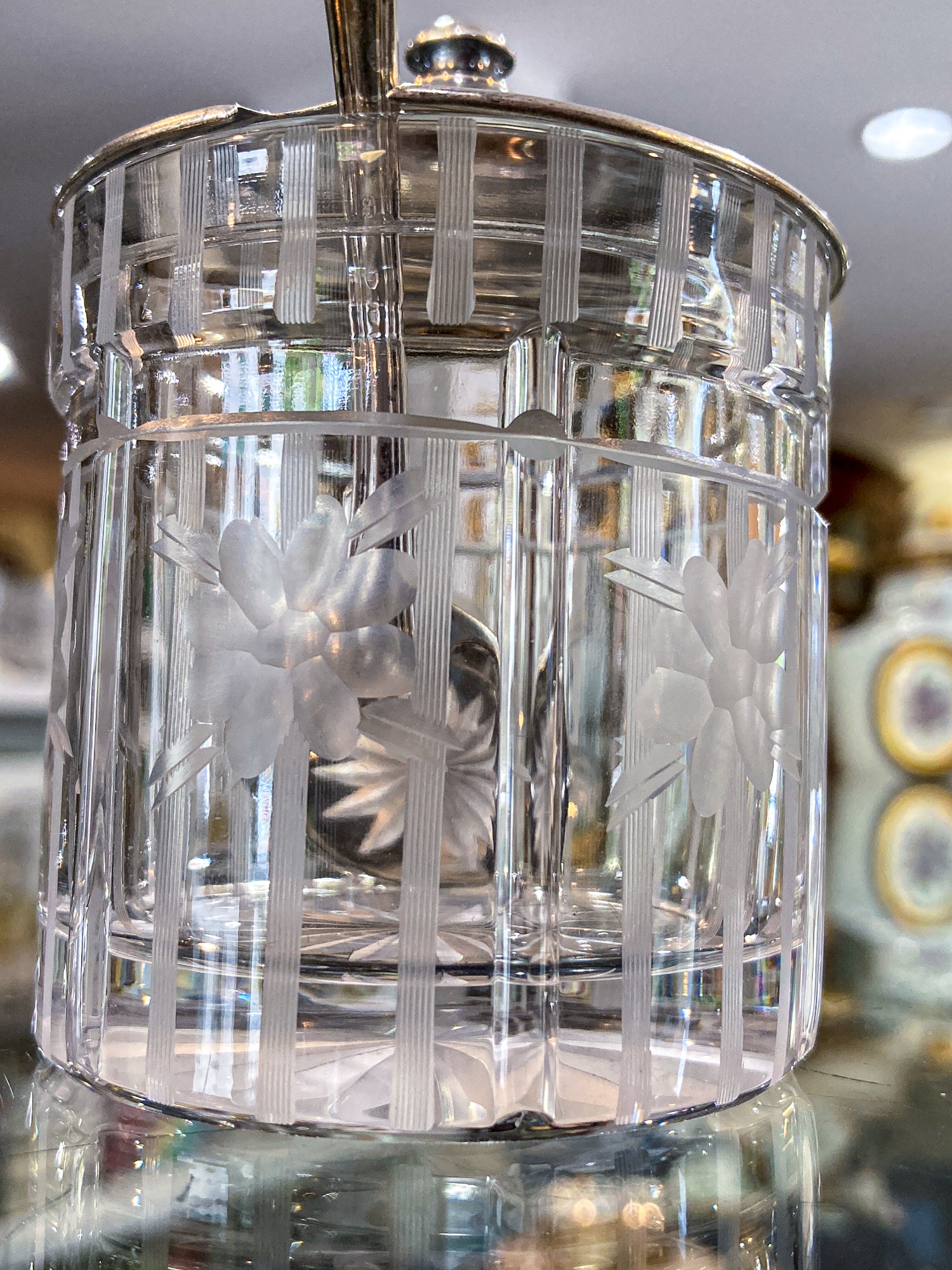 Vintage Sterling Silver Lidded Clear Etched Glass American Mustard Pot Jar