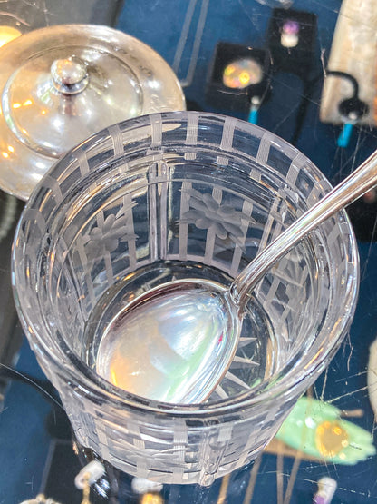 Vintage Sterling Silver Lidded Clear Etched Glass American Mustard Pot Jar
