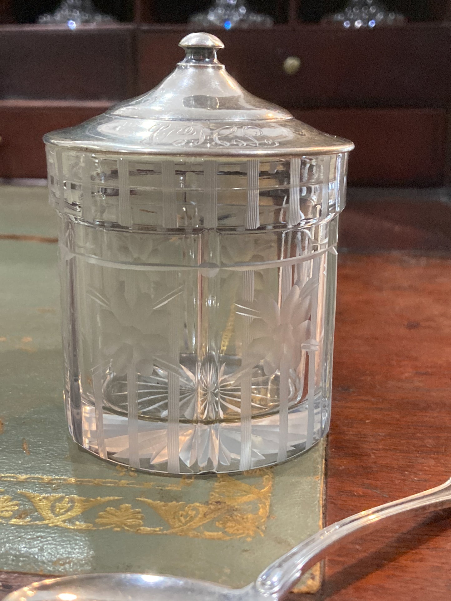 Vintage Sterling Silver Lidded Clear Etched Glass American Mustard Pot Jar