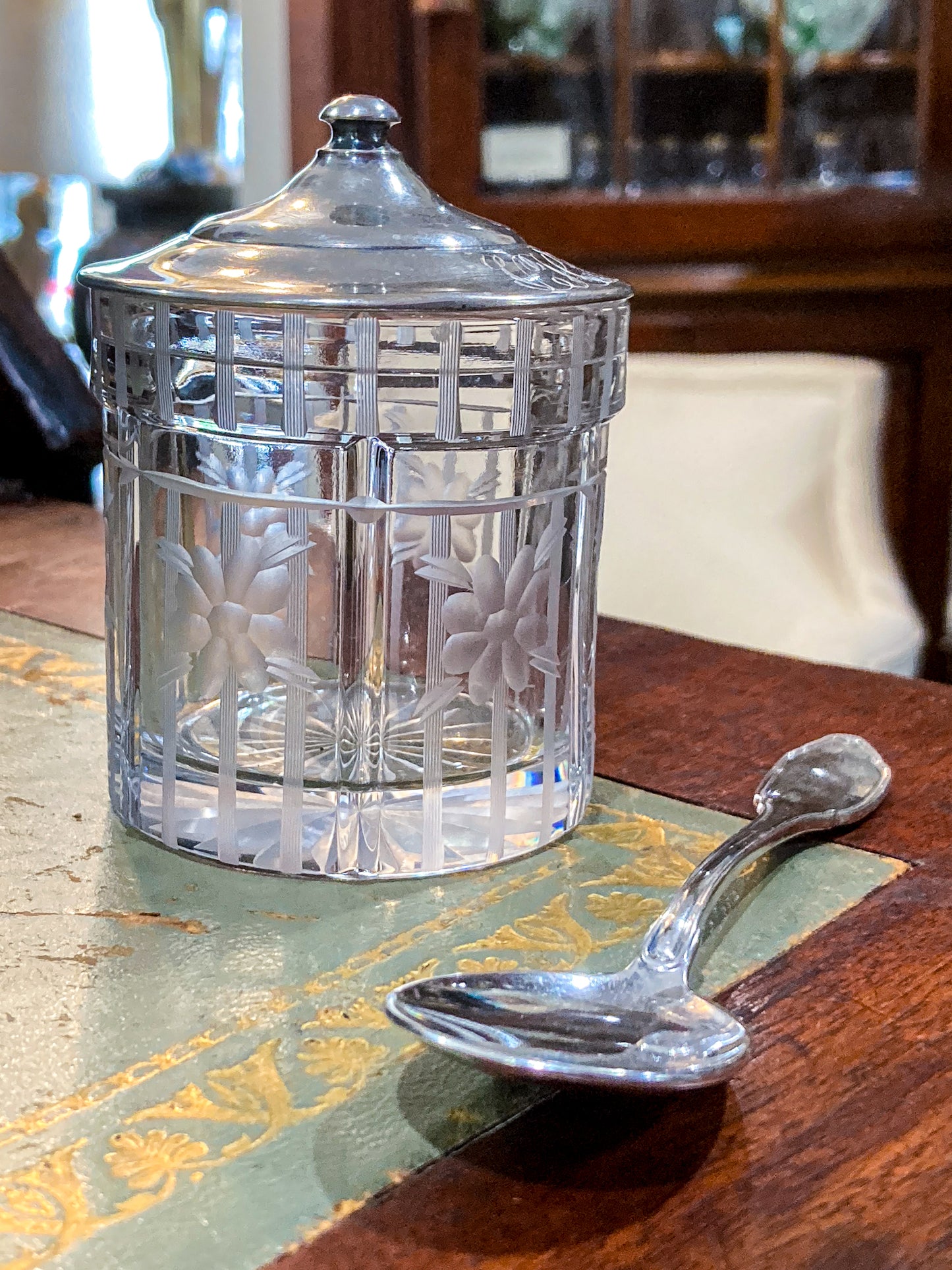 Vintage Sterling Silver Lidded Clear Etched Glass American Mustard Pot Jar