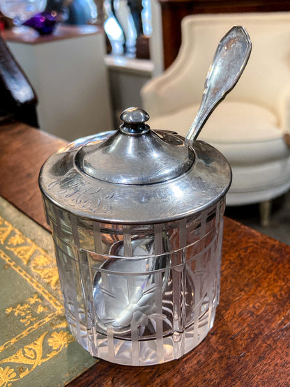 Vintage Sterling Silver Lidded Clear Etched Glass American Mustard Pot Jar