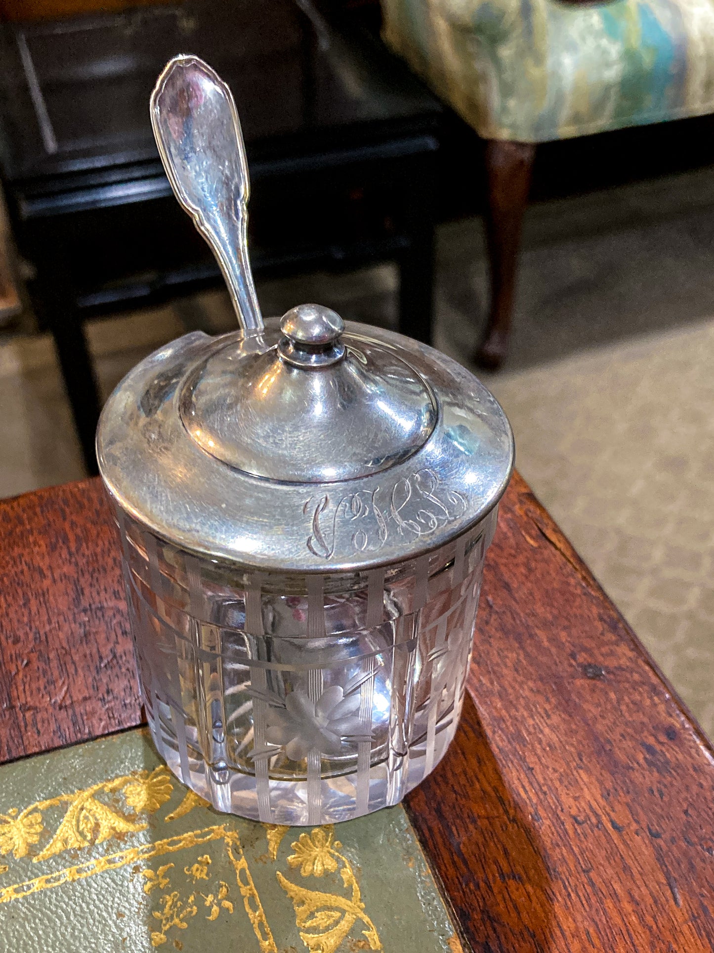 Vintage Sterling Silver Lidded Clear Etched Glass American Mustard Pot Jar