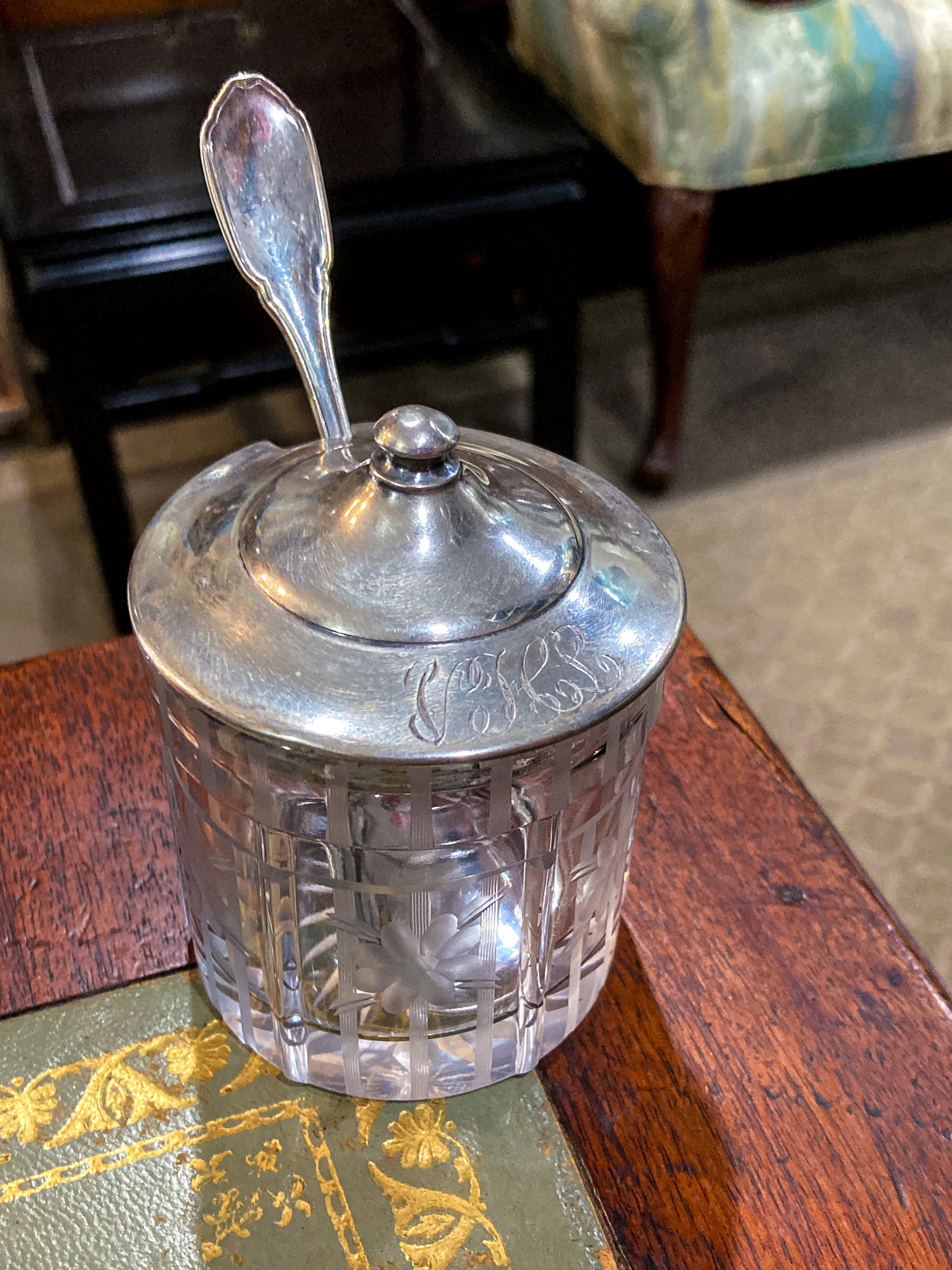 Vintage Sterling Silver Lidded Clear Etched Glass American Mustard Pot Jar