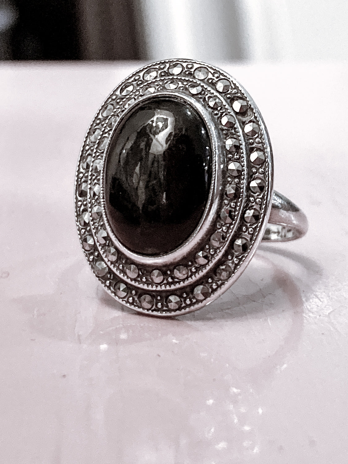 Vintage Sterling Silver Tiered Marcasite Black Oval Cabochon Ring
