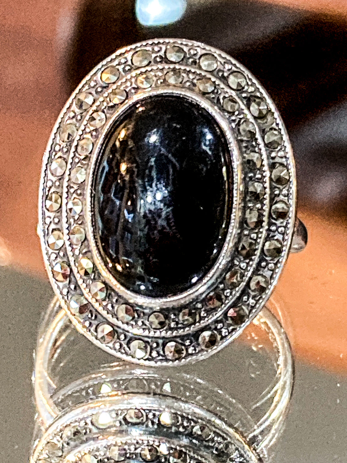 Vintage Sterling Silver Tiered Marcasite Black Oval Cabochon Ring