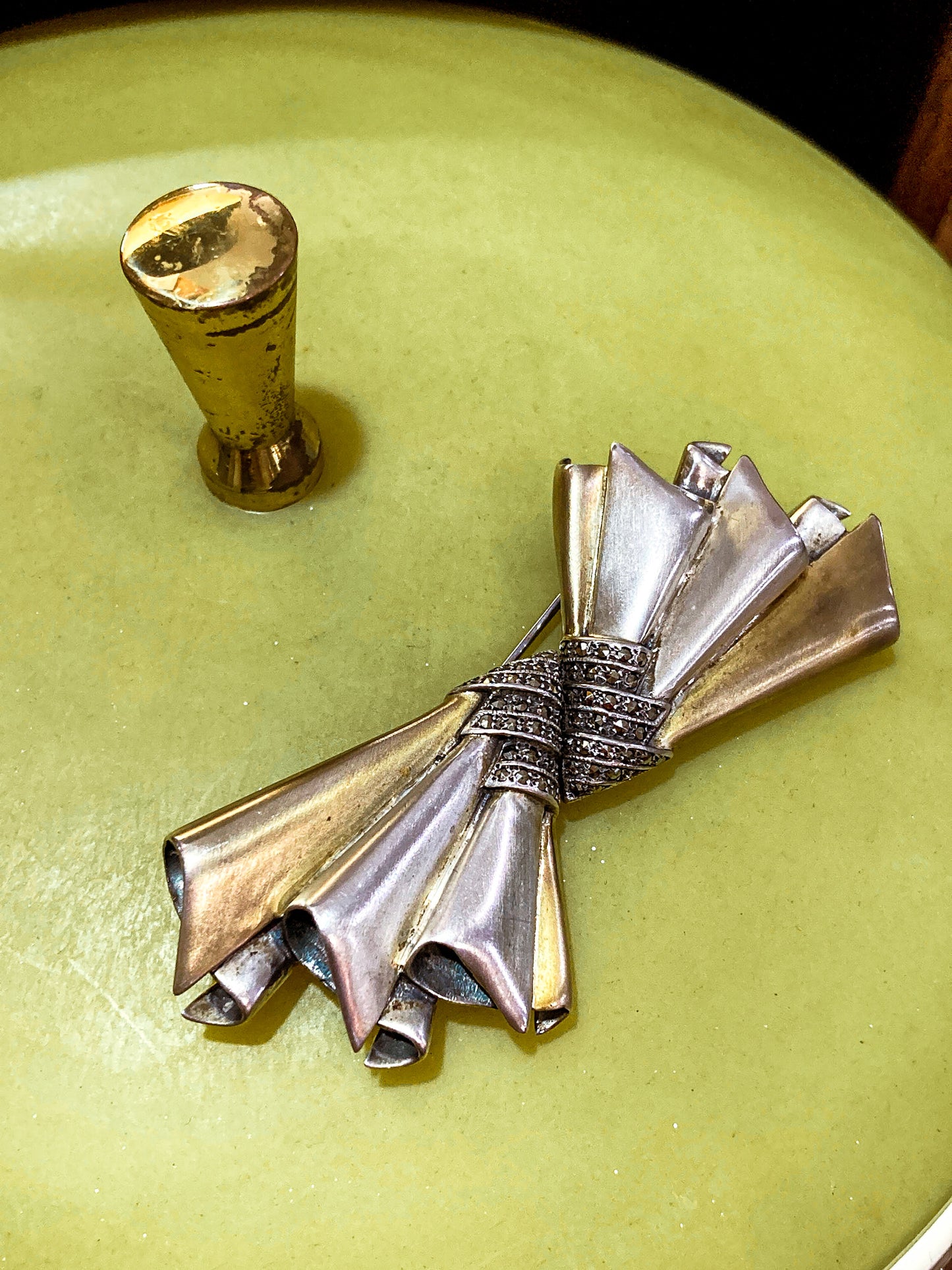 Vintage 1940s Two Tone Sterling Silver Marcasite Large Bow Brooch Pin