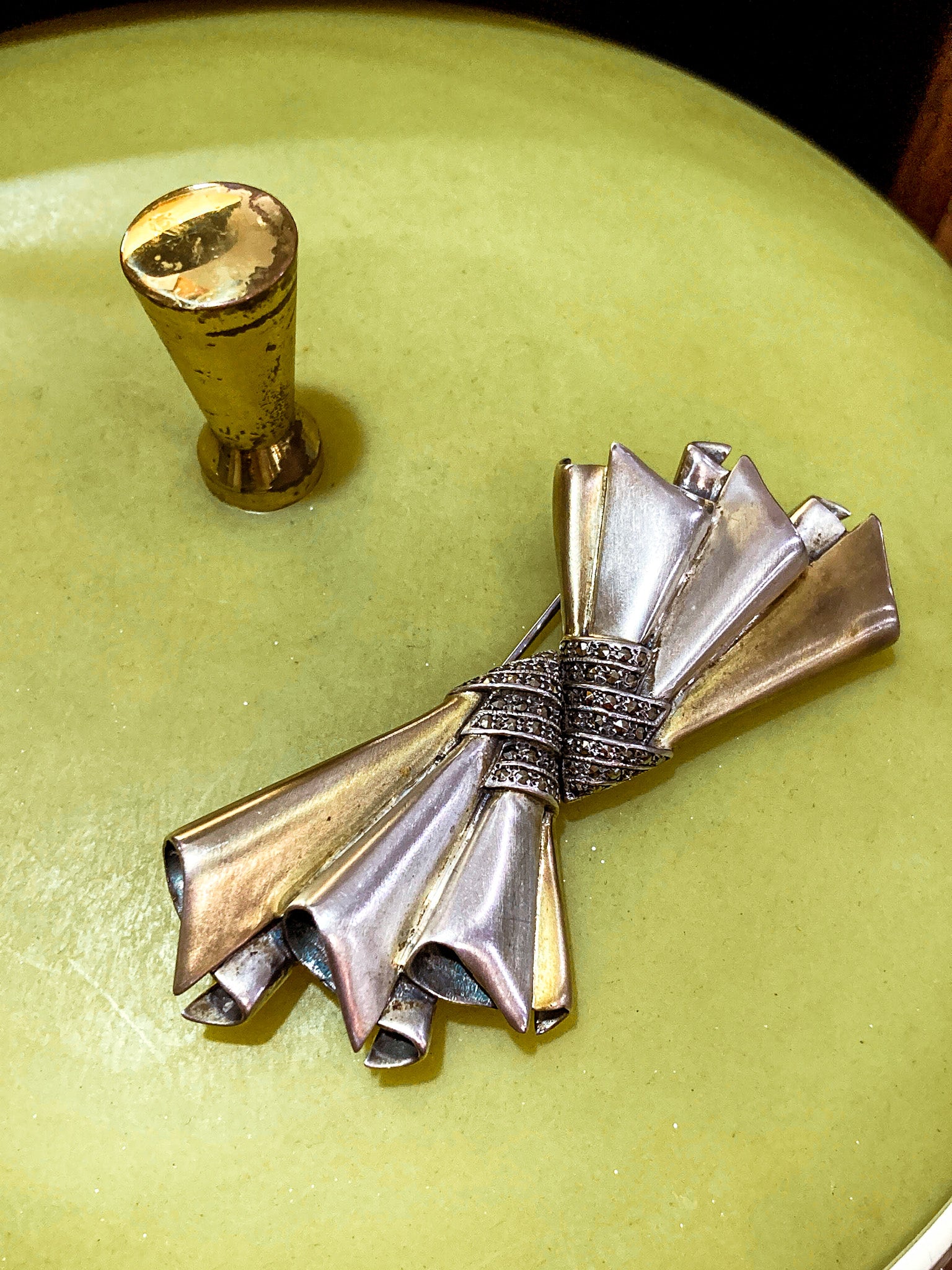 Vintage 1940s Two Tone Sterling Silver Marcasite Large Bow Brooch Pin