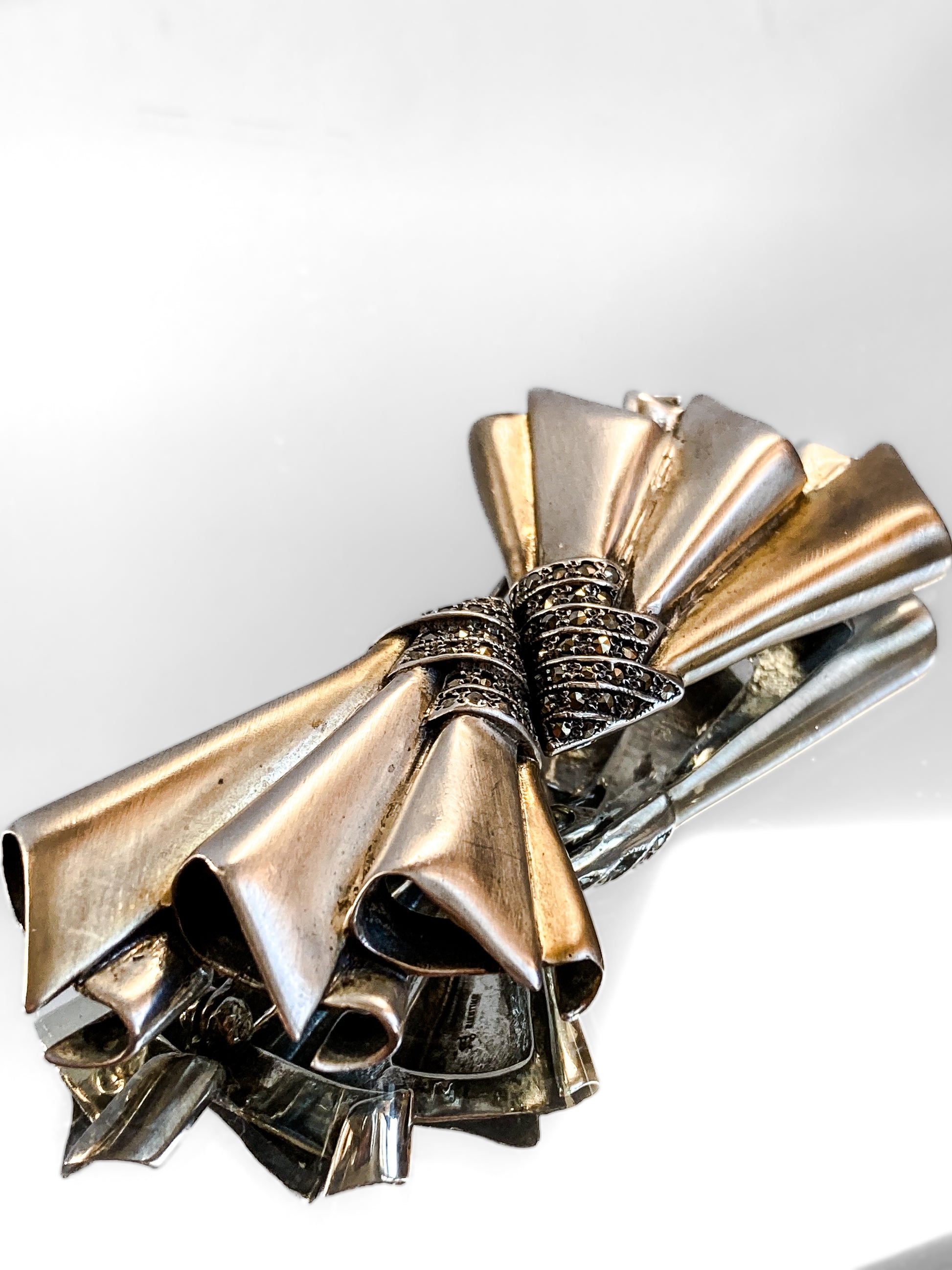 Vintage 1940s Two Tone Sterling Silver Marcasite Large Bow Brooch Pin