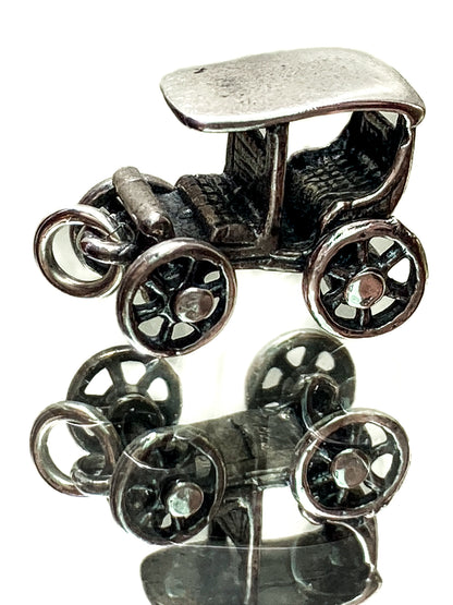 Vintage Sterling Silver Miniature Antique Automobile Car Charm Jewelry white mirrored background