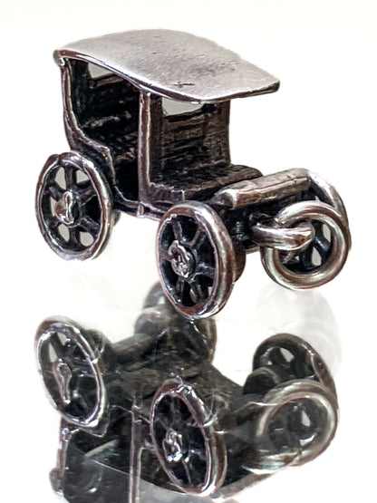 Vintage Sterling Silver Miniature Antique Automobile Car Charm Jewelry white mirrored background