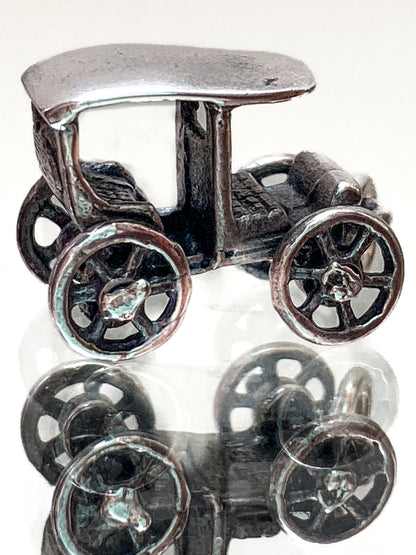 Vintage Sterling Silver Miniature Antique Automobile Car Charm Jewelry white mirrored background
