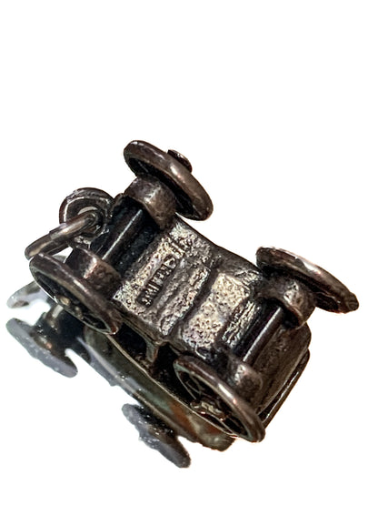 Vintage Sterling Silver Miniature Antique Automobile Car Charm Jewelry white mirrored background bottom