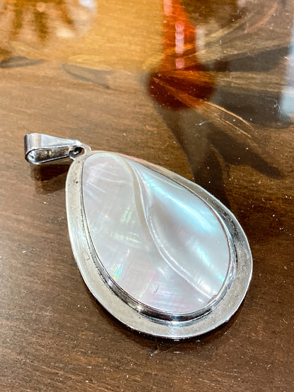 Vintage Sterling Silver Mother of Pearl Shell Large Teardrop Pendant Necklace