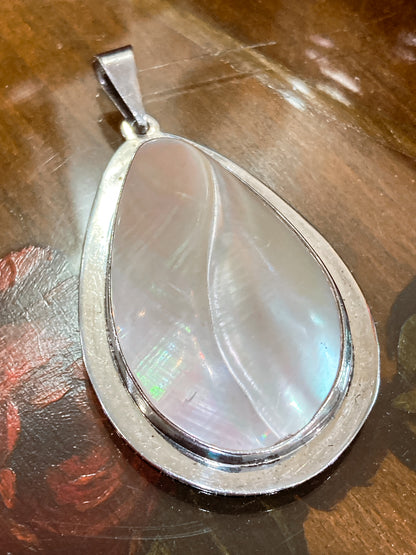 Vintage Sterling Silver Mother of Pearl Shell Large Teardrop Pendant Necklace
