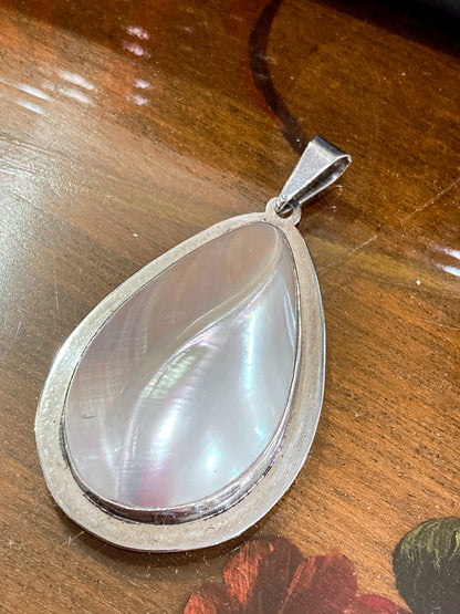 Vintage Sterling Silver Mother of Pearl Shell Large Teardrop Pendant Necklace