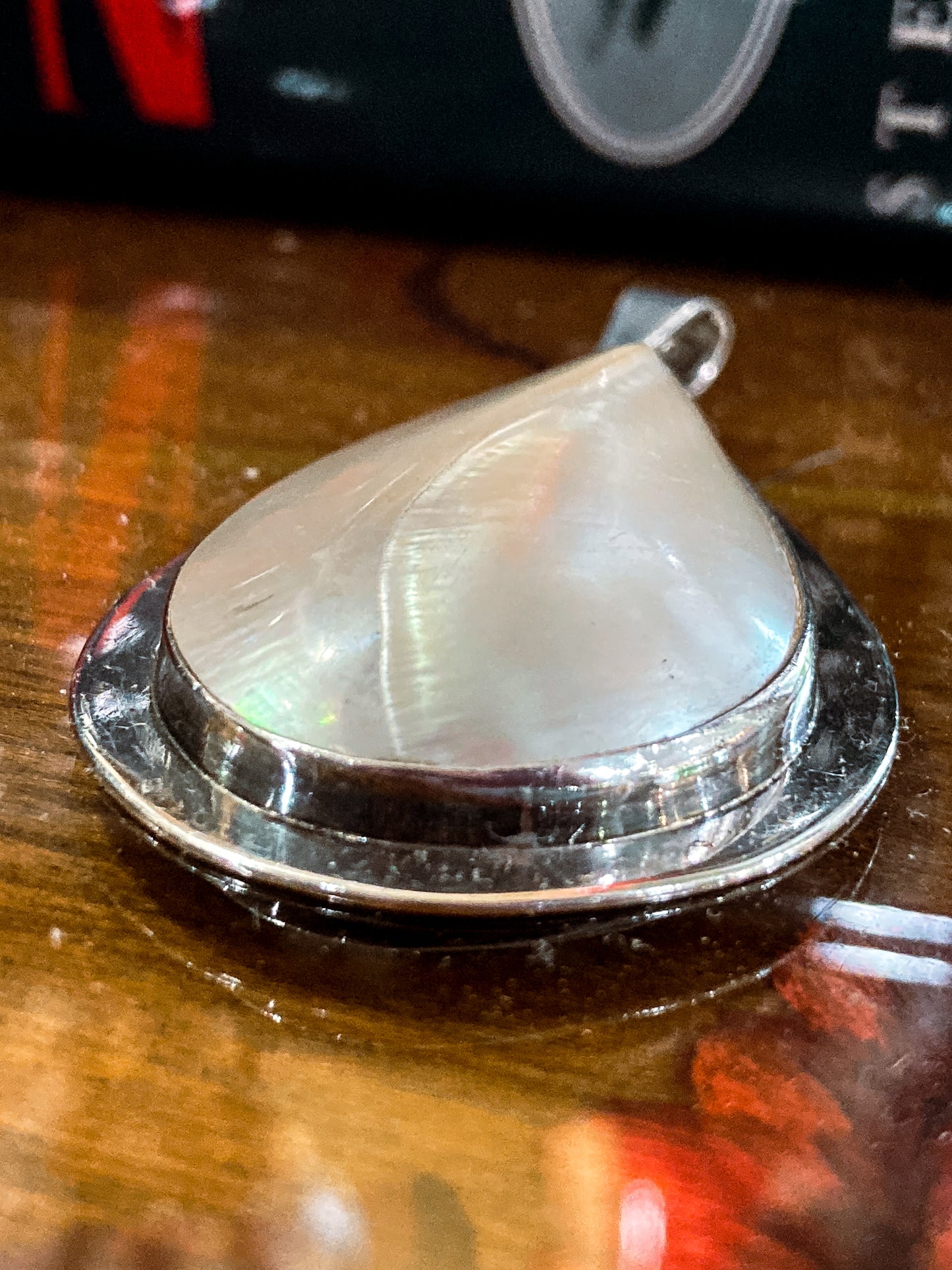 Vintage Sterling Silver Mother of Pearl Shell Large Teardrop Pendant Necklace
