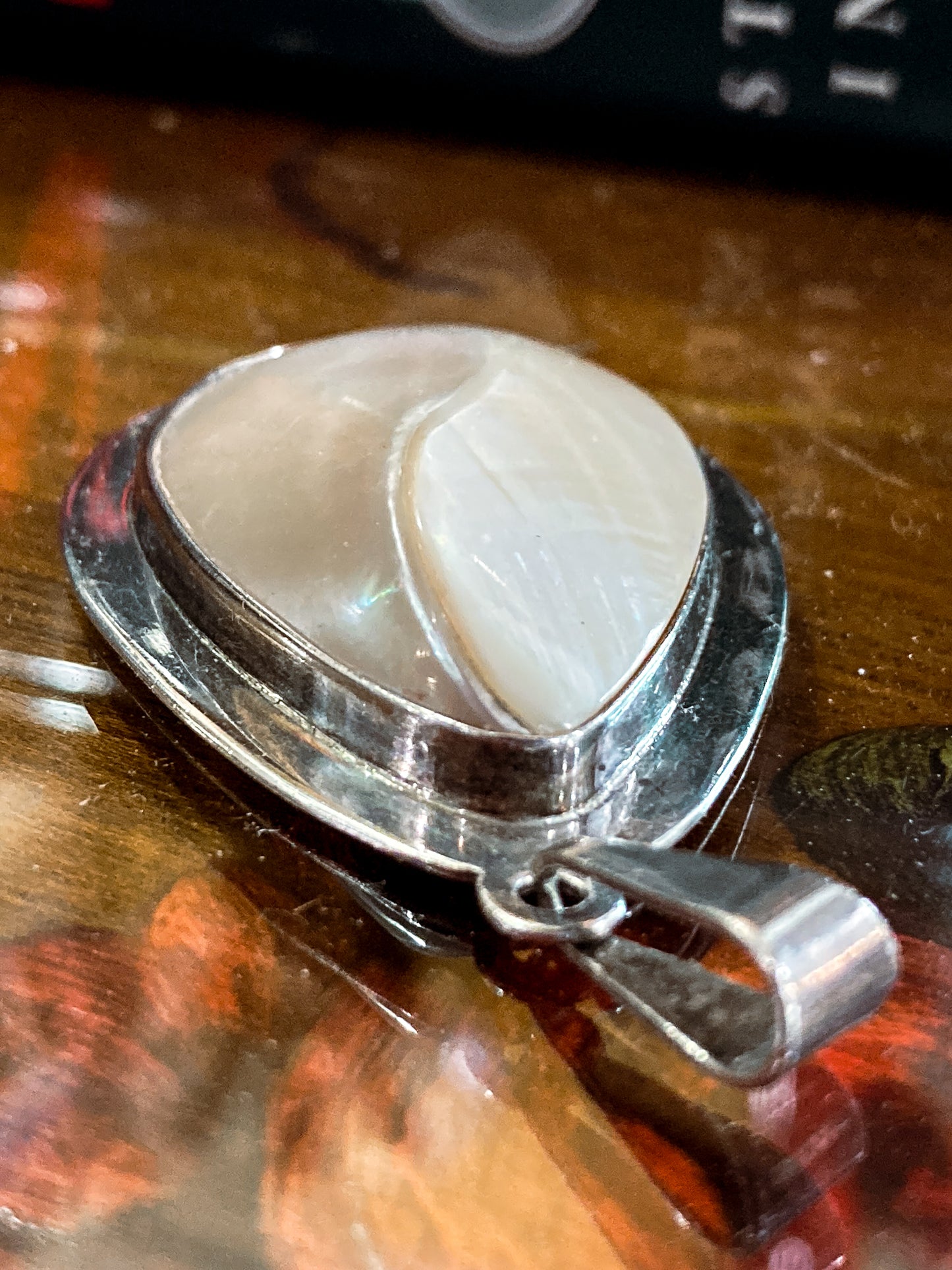 Vintage Sterling Silver Mother of Pearl Shell Large Teardrop Pendant Necklace