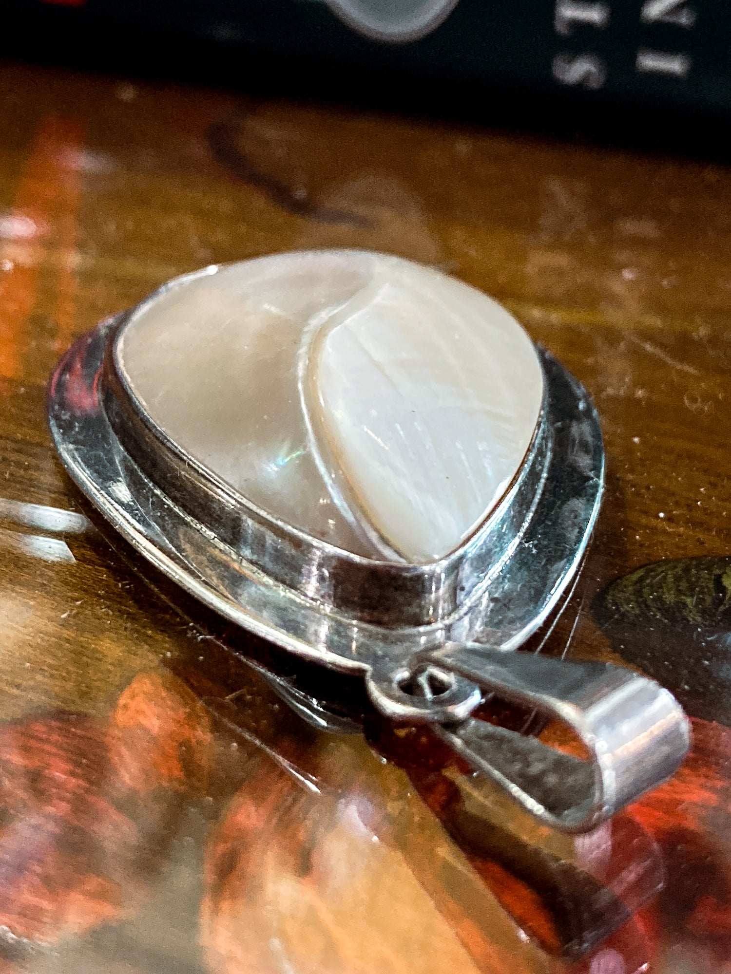 Vintage Sterling Silver Mother of Pearl Shell Large Teardrop Pendant Necklace