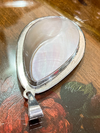 Vintage Sterling Silver Mother of Pearl Shell Large Teardrop Pendant Necklace