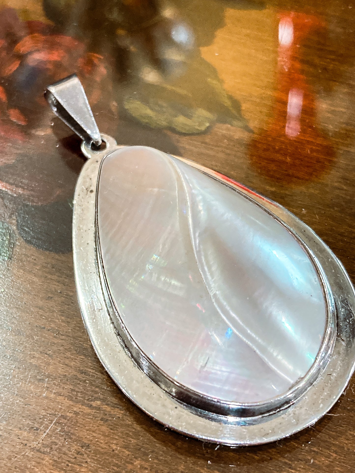Vintage Sterling Silver Mother of Pearl Shell Large Teardrop Pendant Necklace