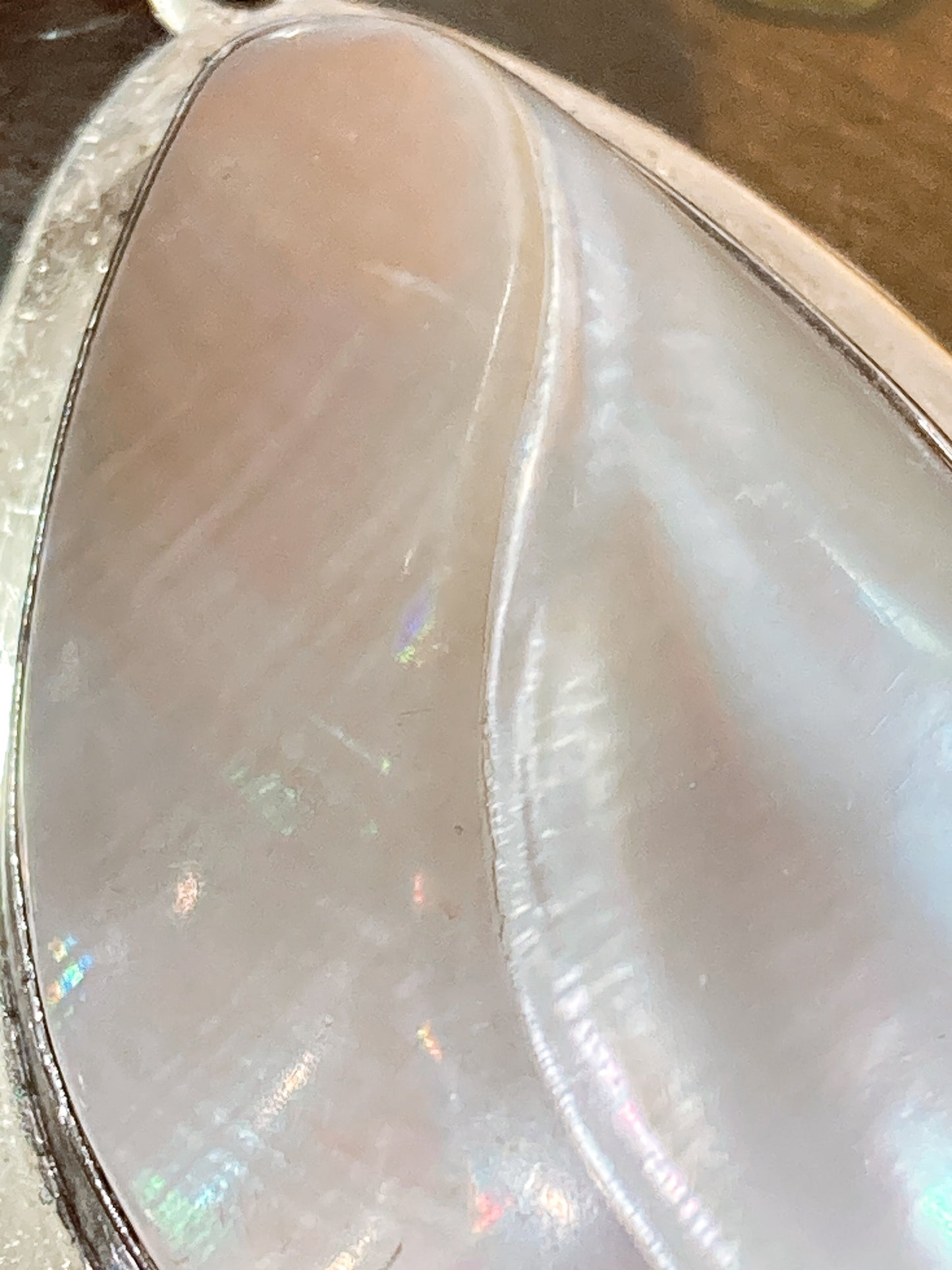 Vintage Sterling Silver Mother of Pearl Shell Large Teardrop Pendant Necklace