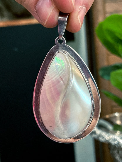 Vintage Sterling Silver Mother of Pearl Shell Large Teardrop Pendant Necklace