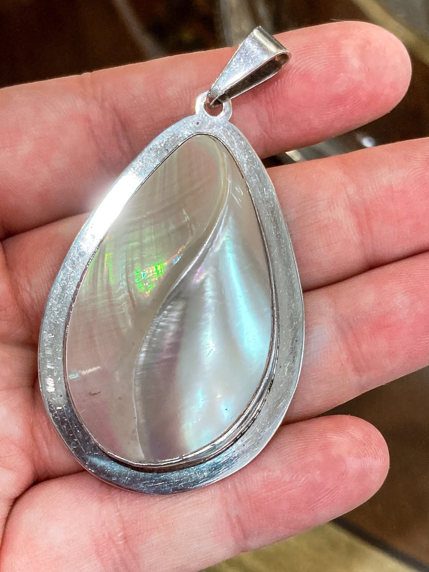 Vintage Sterling Silver Mother of Pearl Shell Large Teardrop Pendant Necklace