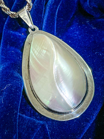 Vintage Sterling Silver Mother of Pearl Shell Large Teardrop Pendant Necklace