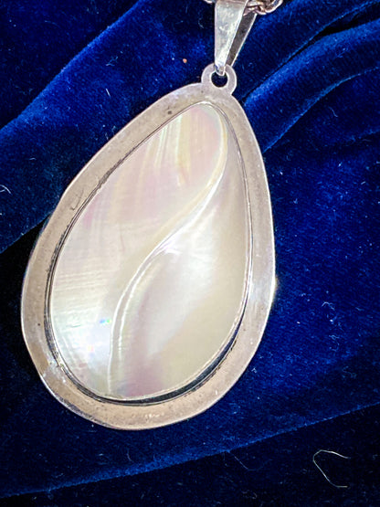 Vintage Sterling Silver Mother of Pearl Shell Large Teardrop Pendant Necklace