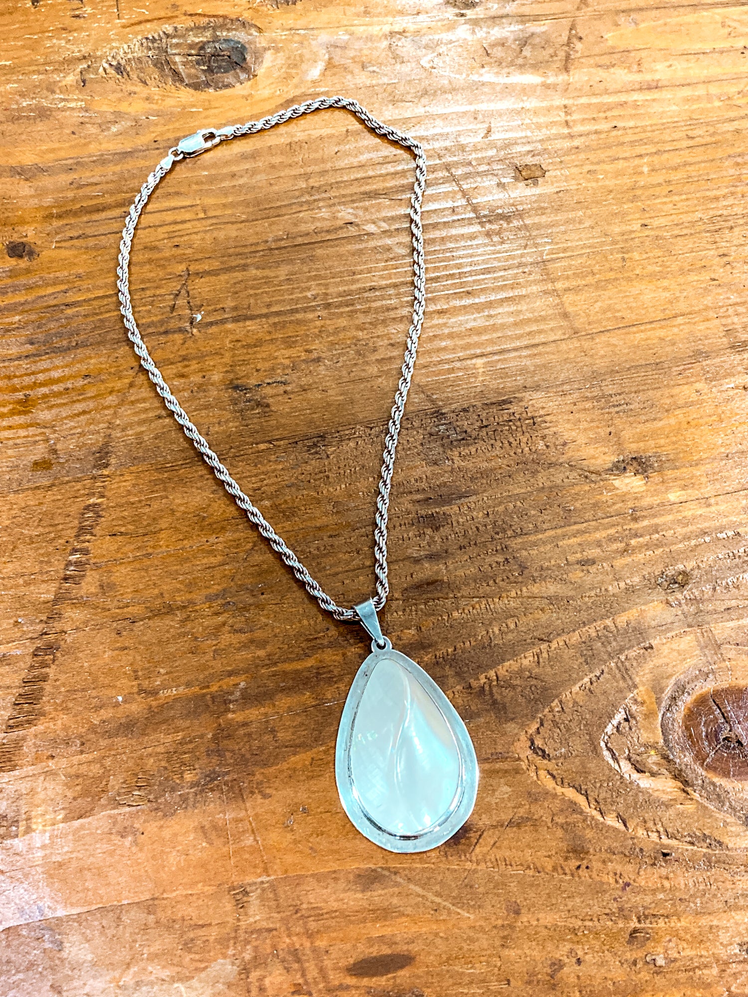 Vintage Sterling Silver Mother of Pearl Shell Large Teardrop Pendant Necklace