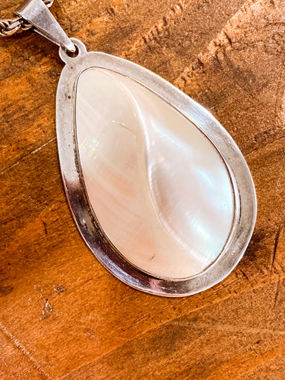 Vintage Sterling Silver Mother of Pearl Shell Large Teardrop Pendant Necklace