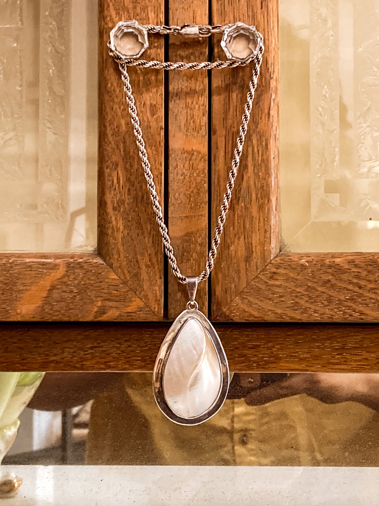 Vintage Sterling Silver Mother of Pearl Shell Large Teardrop Pendant Necklace