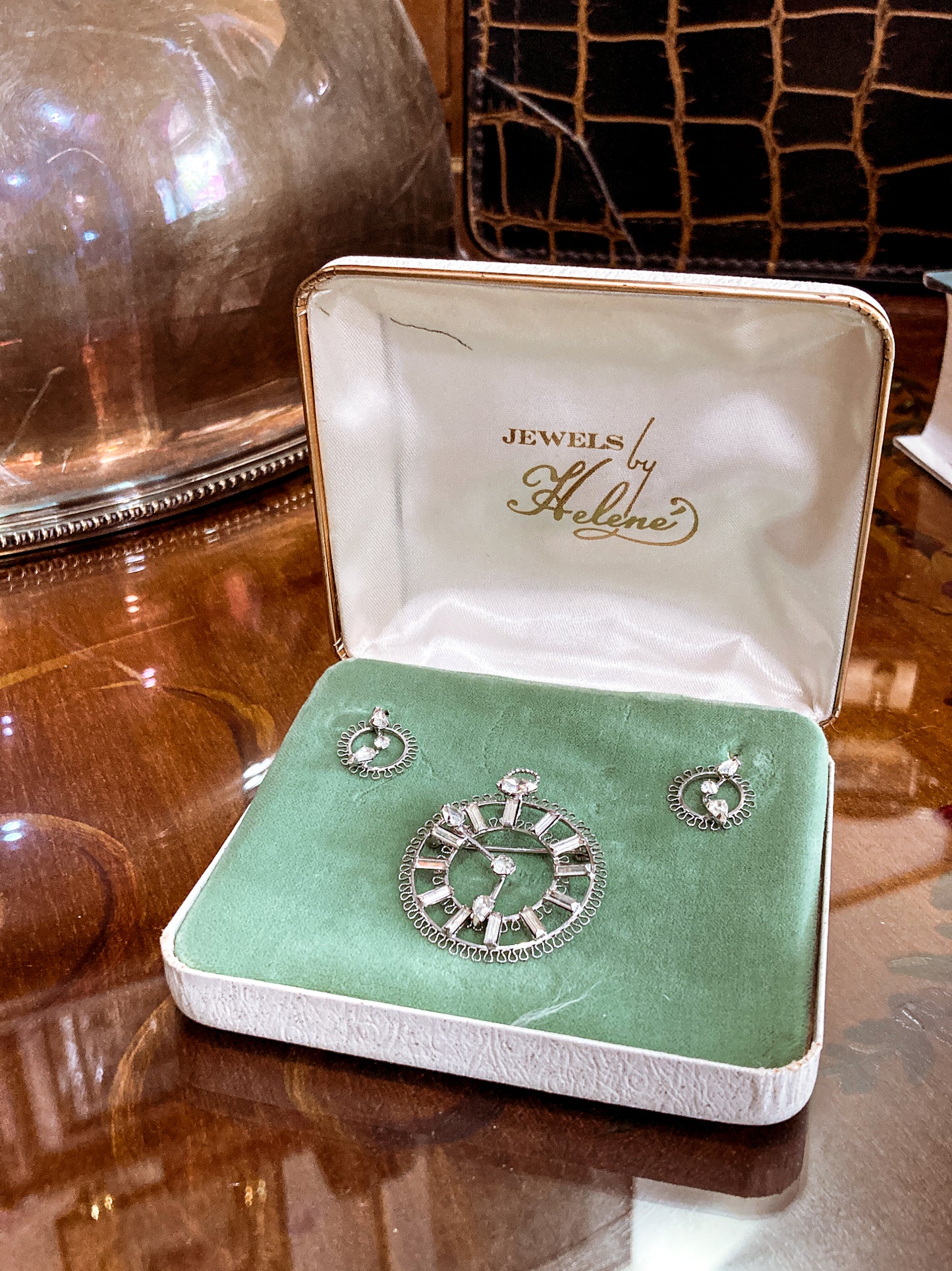 Vintage Sterling Silver Rhinestone Helene Clock Face Earring Brooch Pendant Set
