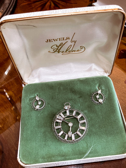 Vintage Sterling Silver Rhinestone Helene Clock Face Earring Brooch Pendant Set